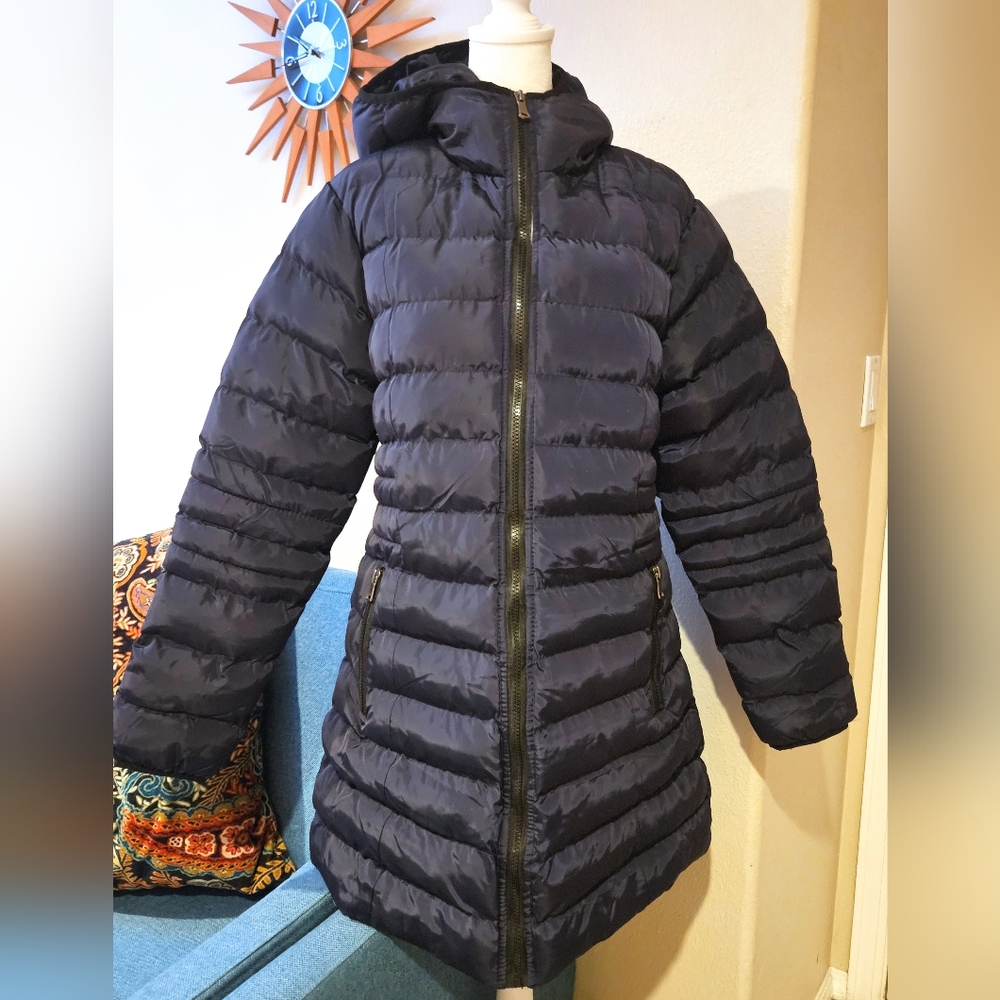 Like NEW Beautiful Blue Long Puffer Coat Medium - Picture 2 of 9